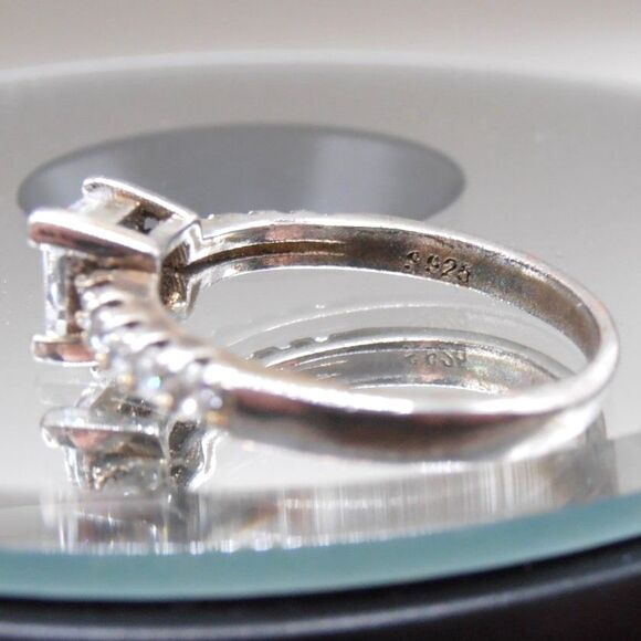 CZ Engagement Style Ring sz 7.5 S925 Silver Plated – Pristine Sparkle, Worn Band - Picture 5 of 5